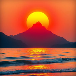 A serene and picturesque landscape featuring a vibrant sun setting or rising over a majestic mountain range, with a tranquil sea in the foreground