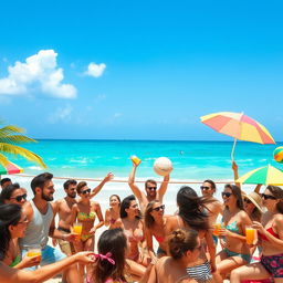 An energetic and vibrant summer beach party scene, featuring diverse groups of friends celebrating on a sunny day
