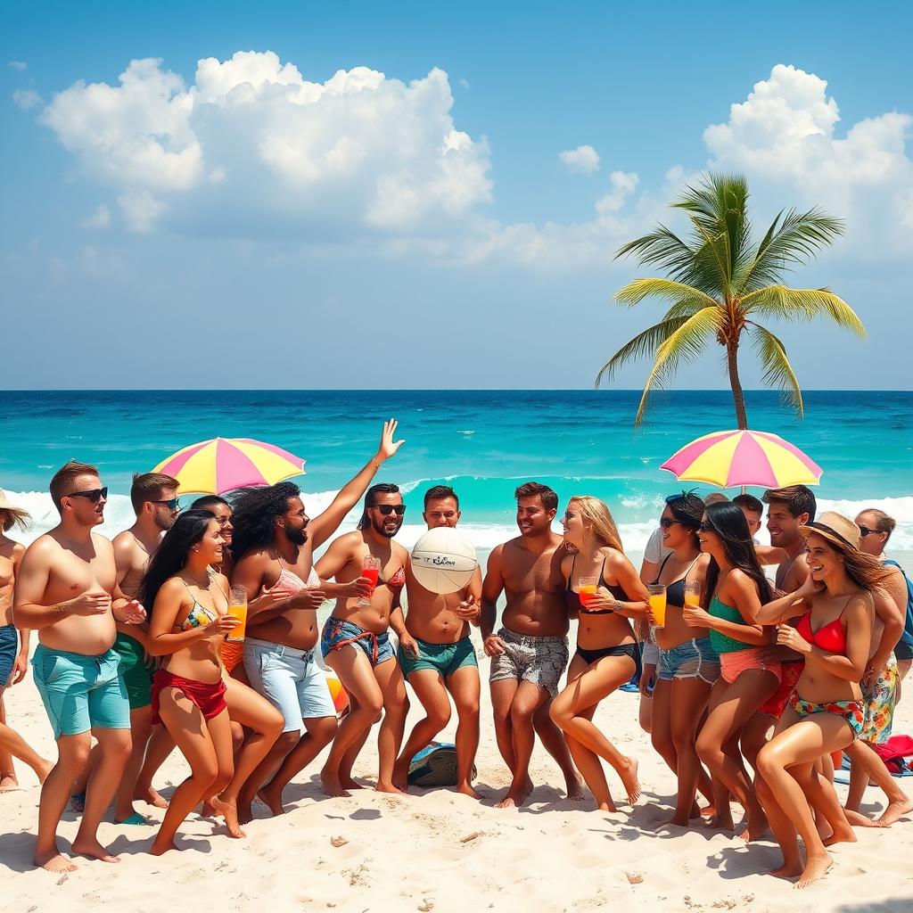 An energetic and vibrant summer beach party scene, featuring diverse groups of friends celebrating on a sunny day