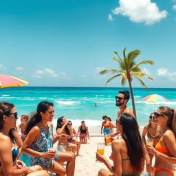 An energetic and vibrant summer beach party scene, featuring diverse groups of friends celebrating on a sunny day
