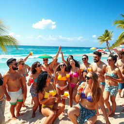 An energetic and vibrant summer beach party scene, featuring diverse groups of friends celebrating on a sunny day