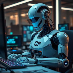 A sleek, advanced robot immersed in typing on a high-tech computer, surrounded by futuristic gadgets and glowing screens