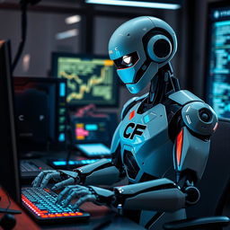 A sleek, advanced robot immersed in typing on a high-tech computer, surrounded by futuristic gadgets and glowing screens