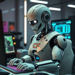 A sleek, advanced robot immersed in typing on a high-tech computer, surrounded by futuristic gadgets and glowing screens