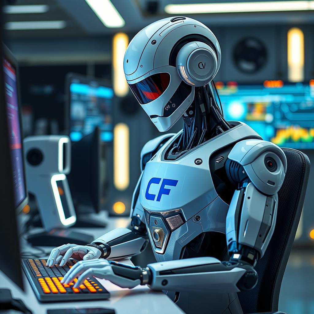 A sleek, advanced robot immersed in typing on a high-tech computer, surrounded by futuristic gadgets and glowing screens
