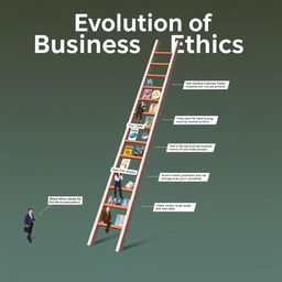 An illustration depicting the Evolution of Business Ethics from before 1960 to the 2000s, portrayed through a symbolic ladder