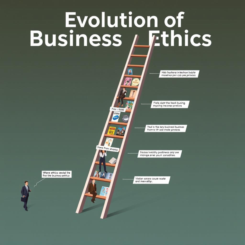 An illustration depicting the Evolution of Business Ethics from before 1960 to the 2000s, portrayed through a symbolic ladder