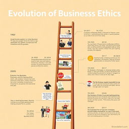 An illustration depicting the Evolution of Business Ethics from before 1960 to the 2000s, portrayed through a symbolic ladder