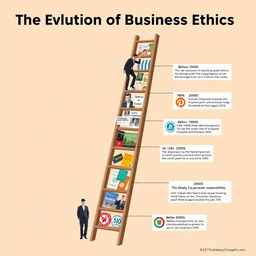 An illustration depicting the Evolution of Business Ethics from before 1960 to the 2000s, portrayed through a symbolic ladder