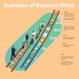 An illustration depicting the Evolution of Business Ethics from before 1960 to the 2000s, portrayed through a symbolic ladder