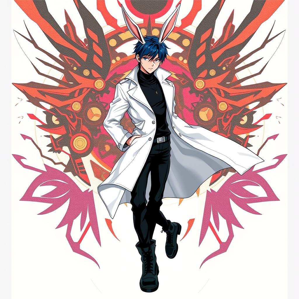 A full body depiction of a slim, 5'4" tall teenage male with dark blue hair styled in a trendy manner and striking rabbit ears
