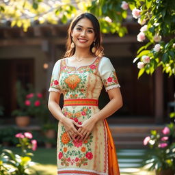 A woman wearing a beautiful and elegant Filipiñana dress, showcasing rich cultural patterns and vibrant colors, standing gracefully with her hands elegantly positioned