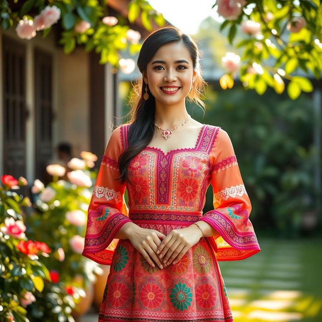 A woman wearing a beautiful and elegant Filipiñana dress, showcasing rich cultural patterns and vibrant colors, standing gracefully with her hands elegantly positioned