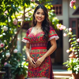 A woman wearing a beautiful and elegant Filipiñana dress, showcasing rich cultural patterns and vibrant colors, standing gracefully with her hands elegantly positioned