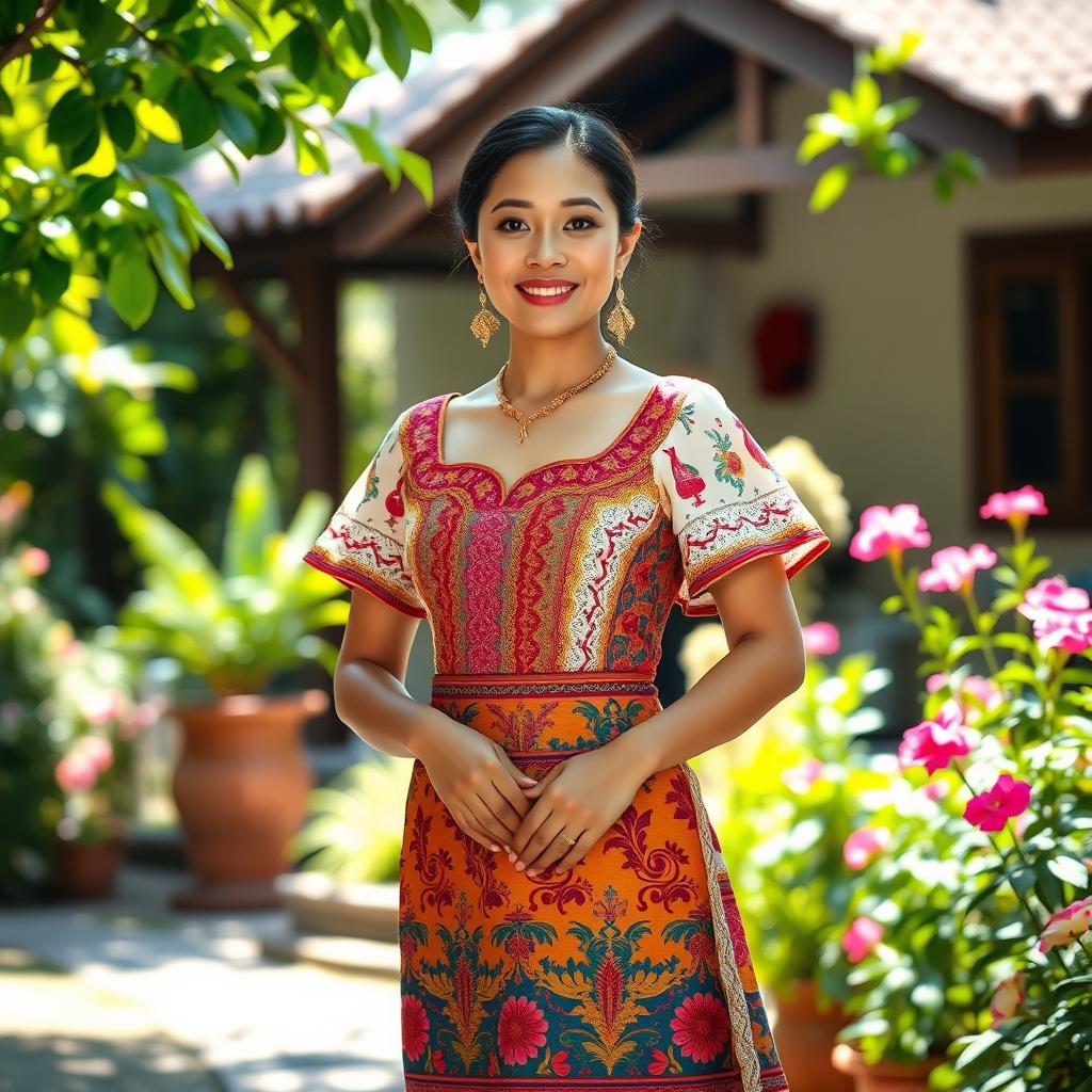 A woman wearing a beautiful and elegant Filipiñana dress, showcasing rich cultural patterns and vibrant colors, standing gracefully with her hands elegantly positioned
