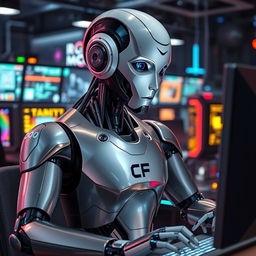 A futuristic robot actively working on a computer, with a sleek and shiny metallic body