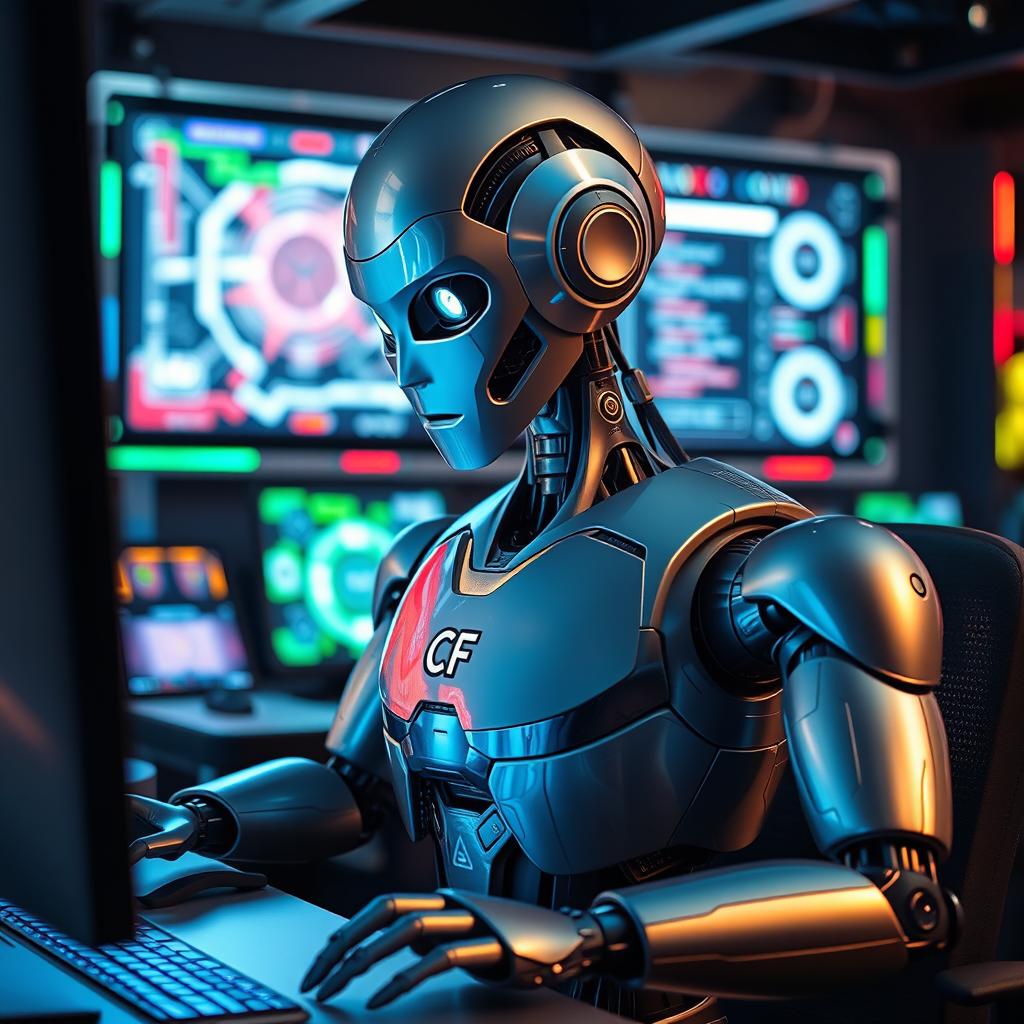 A futuristic robot actively working on a computer, with a sleek and shiny metallic body