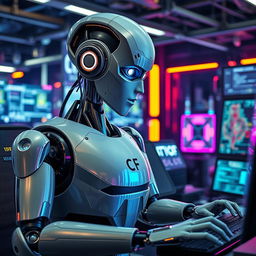 A futuristic robot actively working on a computer, with a sleek and shiny metallic body