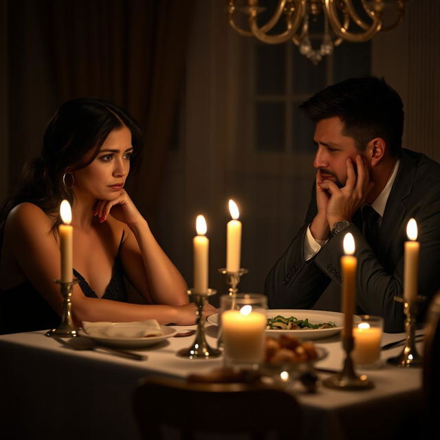 An emotionally charged moment between two individuals seated at a dining table, where one person, a woman, looks disappointed and hurt while gazing at her partner, who appears introspective and remorseful