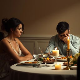An emotionally charged moment between two individuals seated at a dining table, where one person, a woman, looks disappointed and hurt while gazing at her partner, who appears introspective and remorseful