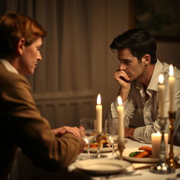 An emotionally charged moment between two individuals seated at a dining table, where one person, a woman, looks disappointed and hurt while gazing at her partner, who appears introspective and remorseful