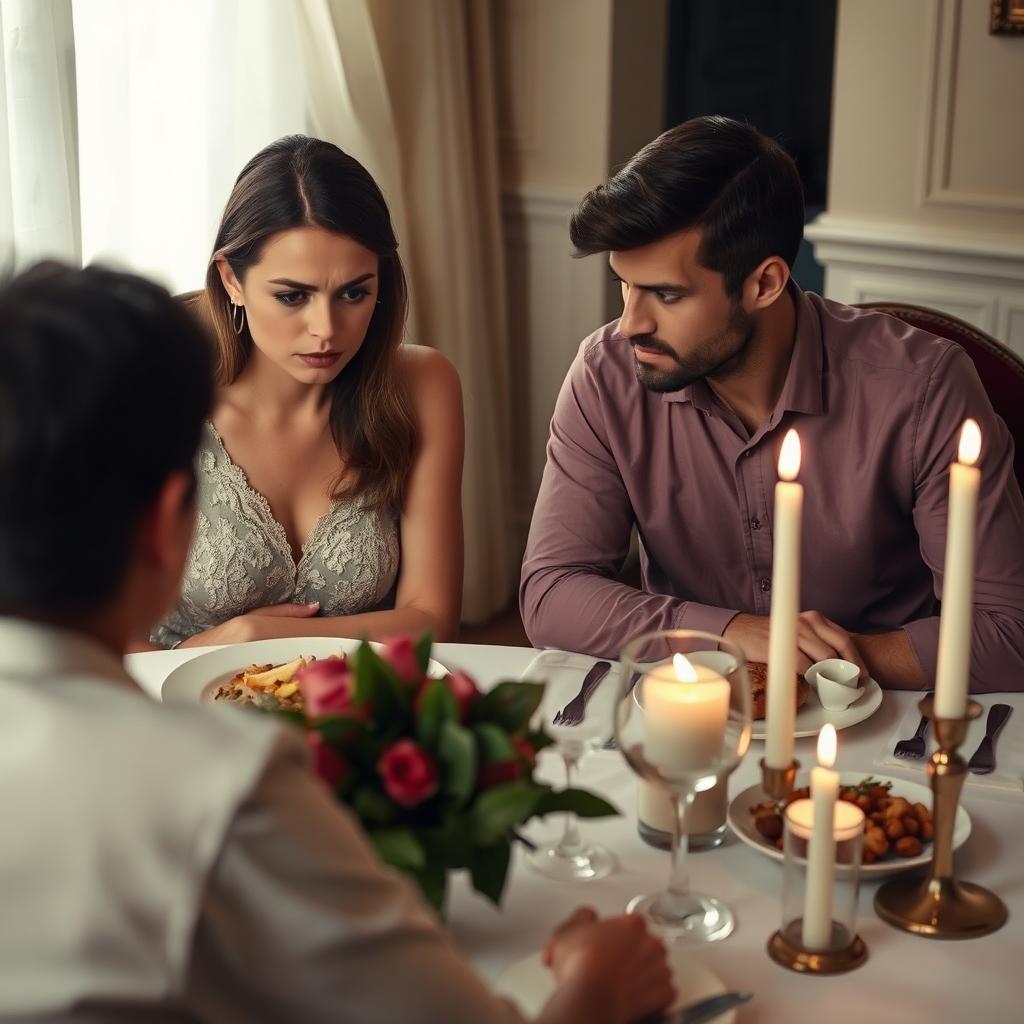 An emotionally charged moment between two individuals seated at a dining table, where one person, a woman, looks disappointed and hurt while gazing at her partner, who appears introspective and remorseful