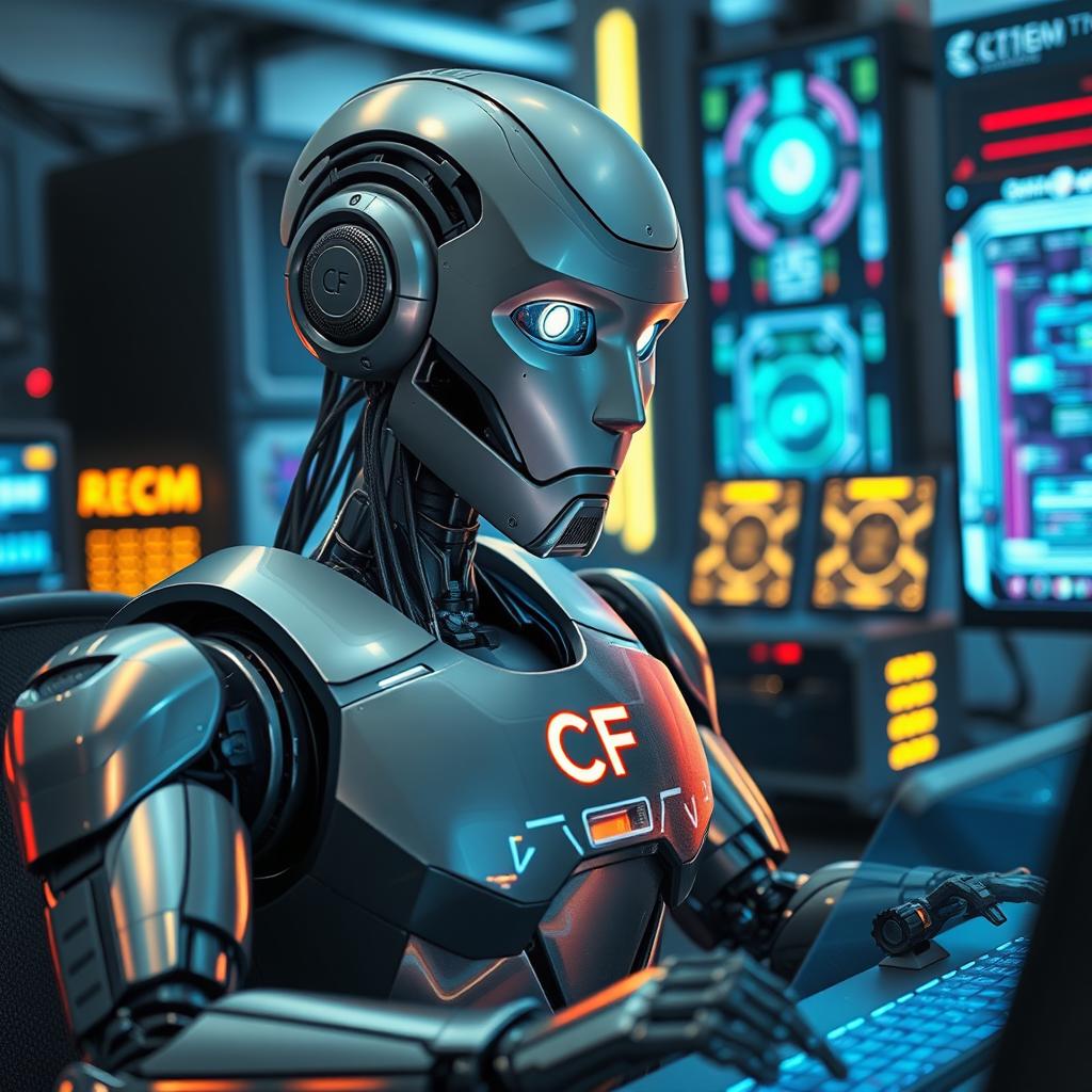 A highly detailed, futuristic robot working intently at a computer