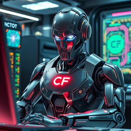 A highly detailed, futuristic robot working intently at a computer