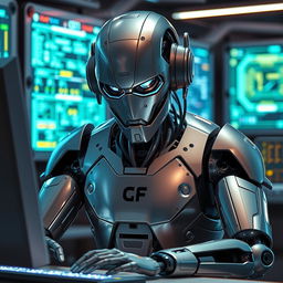 A highly detailed, futuristic robot working intently at a computer