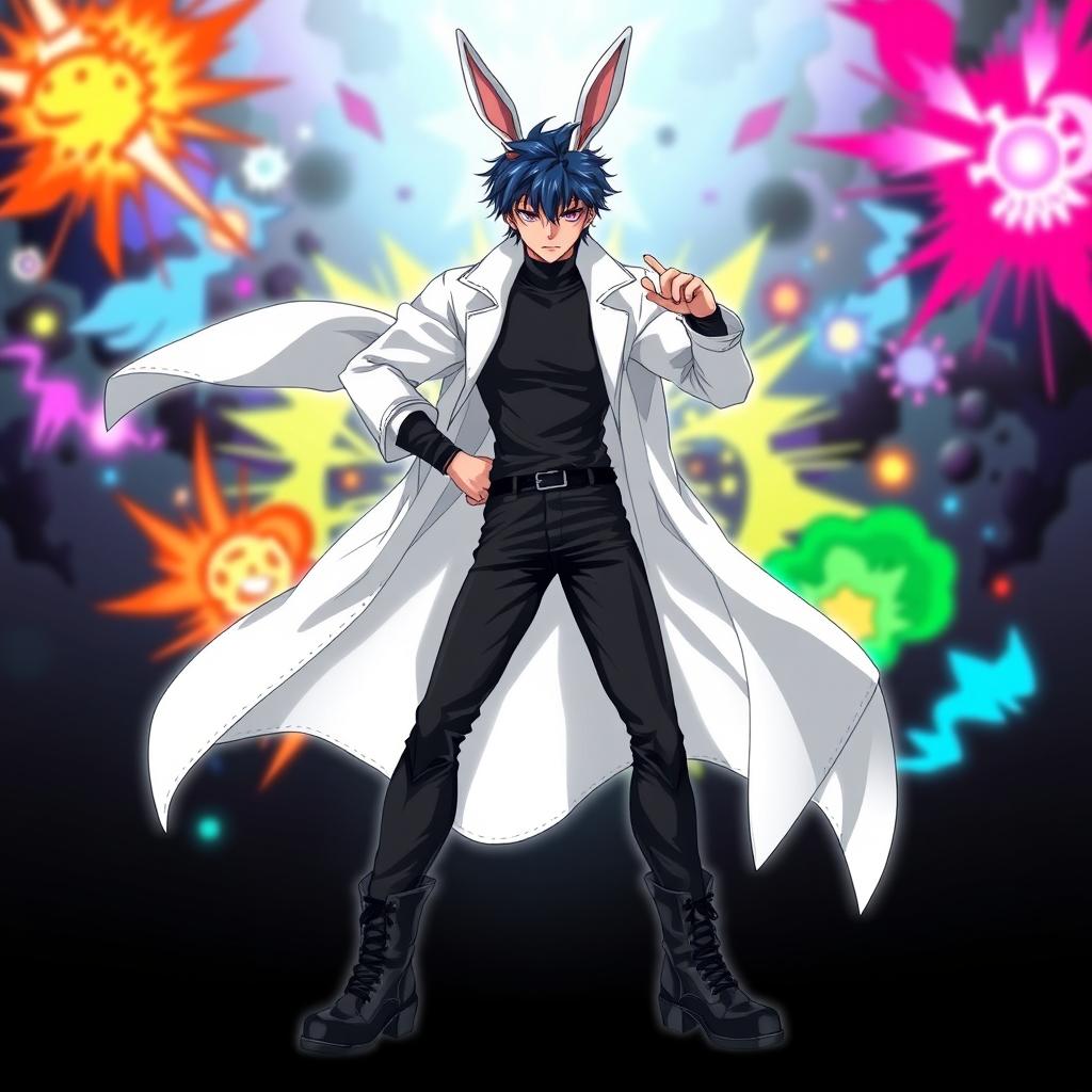 A full body depiction of a slim, 5'4" tall teenage male with dark blue hair styled in a trendy manner and distinct rabbit ears