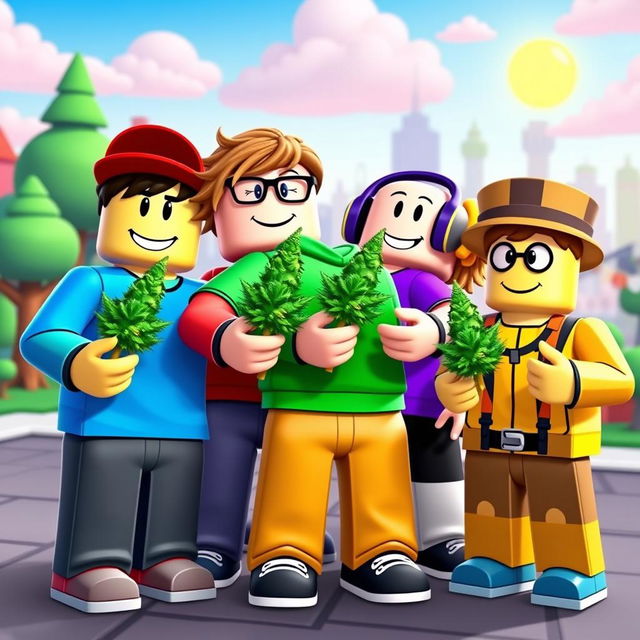 Four Roblox noobs, characterized by their blocky and colorful avatars, are gathered together, each holding cannabis joints
