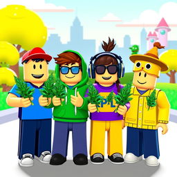 Four Roblox noobs, characterized by their blocky and colorful avatars, are gathered together, each holding cannabis joints