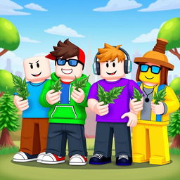 Four Roblox noobs, characterized by their blocky and colorful avatars, are gathered together, each holding cannabis joints