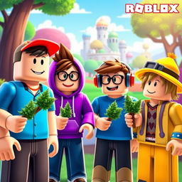 Four Roblox noobs, characterized by their blocky and colorful avatars, are gathered together, each holding cannabis joints