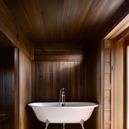 A well-lit, serene bathroom with walls adorned with rich, dark wooden planks, accentuating an atmosphere of rustic elegance.