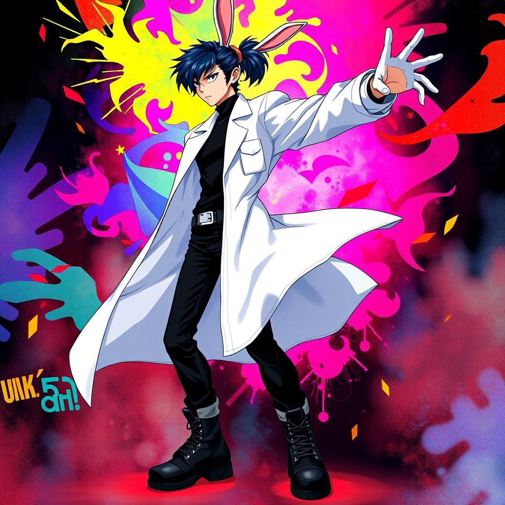 A full body depiction of a slim, 5'4" tall teenage male featuring dark blue hair styled creatively and prominent rabbit ears