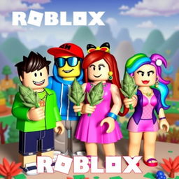 Two male Roblox noobs and two female Roblox noobs are gathered together, each holding cannabis joints