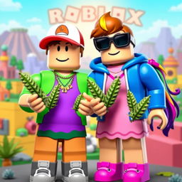 Two male Roblox noobs and two female Roblox noobs are gathered together, each holding cannabis joints