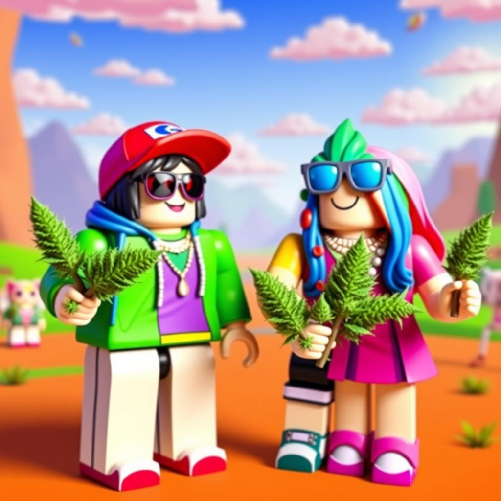 Two male Roblox noobs and two female Roblox noobs are gathered together, each holding cannabis joints