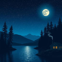 A beautifully serene night scene depicting a vast starry sky filled with twinkling stars and a luminous full moon casting a gentle glow over a tranquil lake