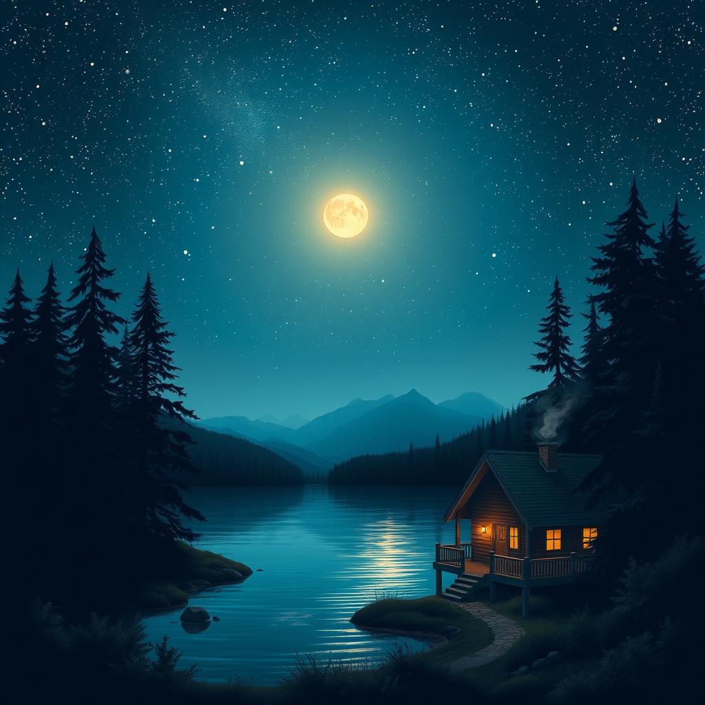 A beautifully serene night scene depicting a vast starry sky filled with twinkling stars and a luminous full moon casting a gentle glow over a tranquil lake