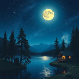 A beautifully serene night scene depicting a vast starry sky filled with twinkling stars and a luminous full moon casting a gentle glow over a tranquil lake