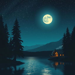 A beautifully serene night scene depicting a vast starry sky filled with twinkling stars and a luminous full moon casting a gentle glow over a tranquil lake
