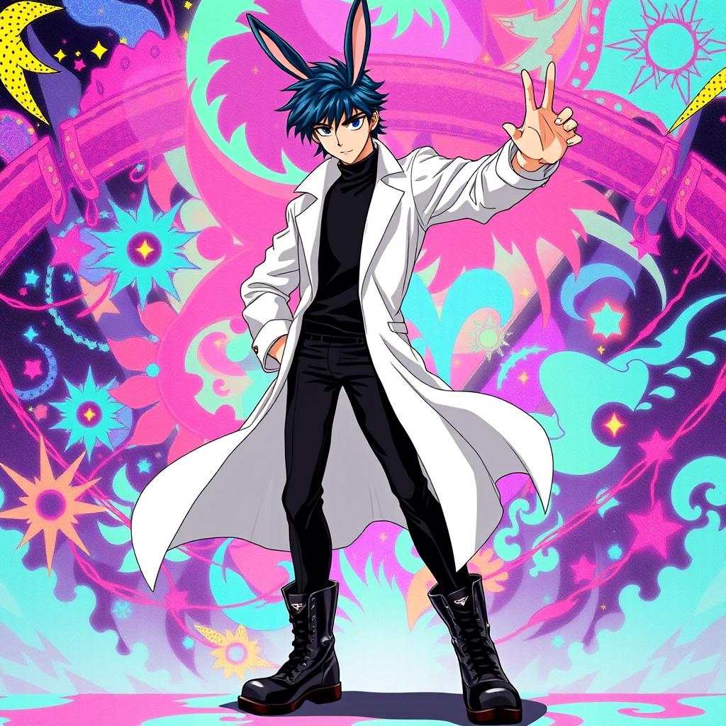 A full body depiction of a slim, 5'4" tall teenage male featuring striking dark blue hair and prominent rabbit ears