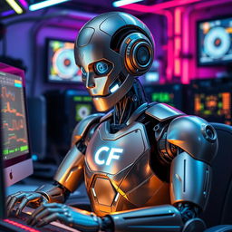 A robot with a sleek, futuristic design is depicted diligently working at a computer