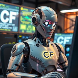 A robot with a sleek, futuristic design is depicted diligently working at a computer