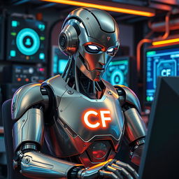 A robot with a sleek, futuristic design is depicted diligently working at a computer