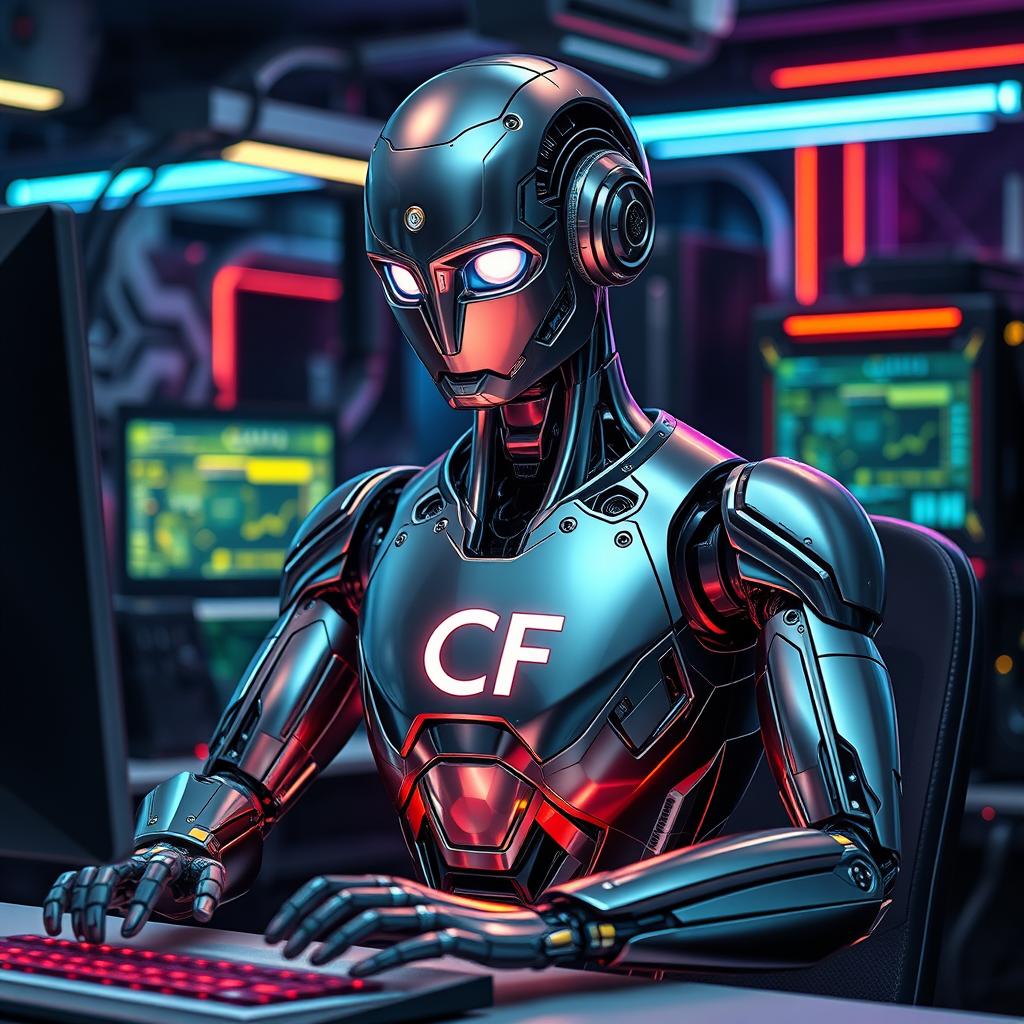 A robot with a sleek, futuristic design is depicted diligently working at a computer