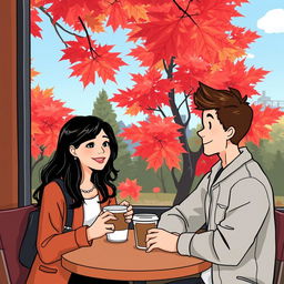 An illustration featuring two people in a cozy coffee shop in Vancouver, engaging in conversation while enjoying their coffee