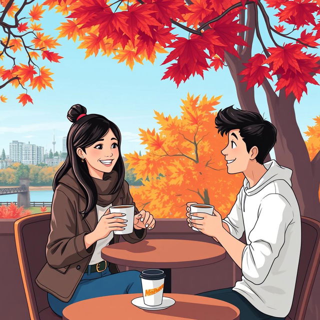 An illustration featuring two people in a cozy coffee shop in Vancouver, engaging in conversation while enjoying their coffee